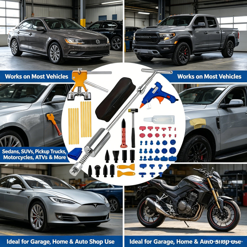 POWNYM 68PC car dent repair tool, equipped with T-bar, golden crane, car dent repair bridge puller, and hot melt adhesive strip