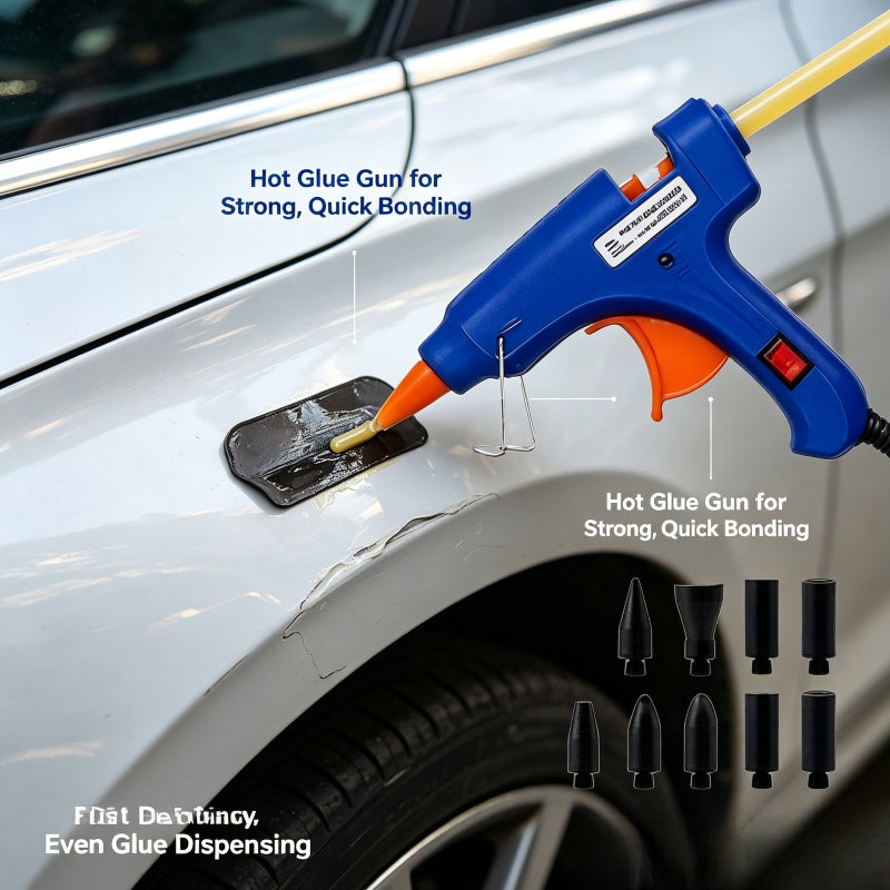 POWNYM 68PC car dent repair tool, equipped with T-bar, golden crane, car dent repair bridge puller, and hot melt adhesive strip