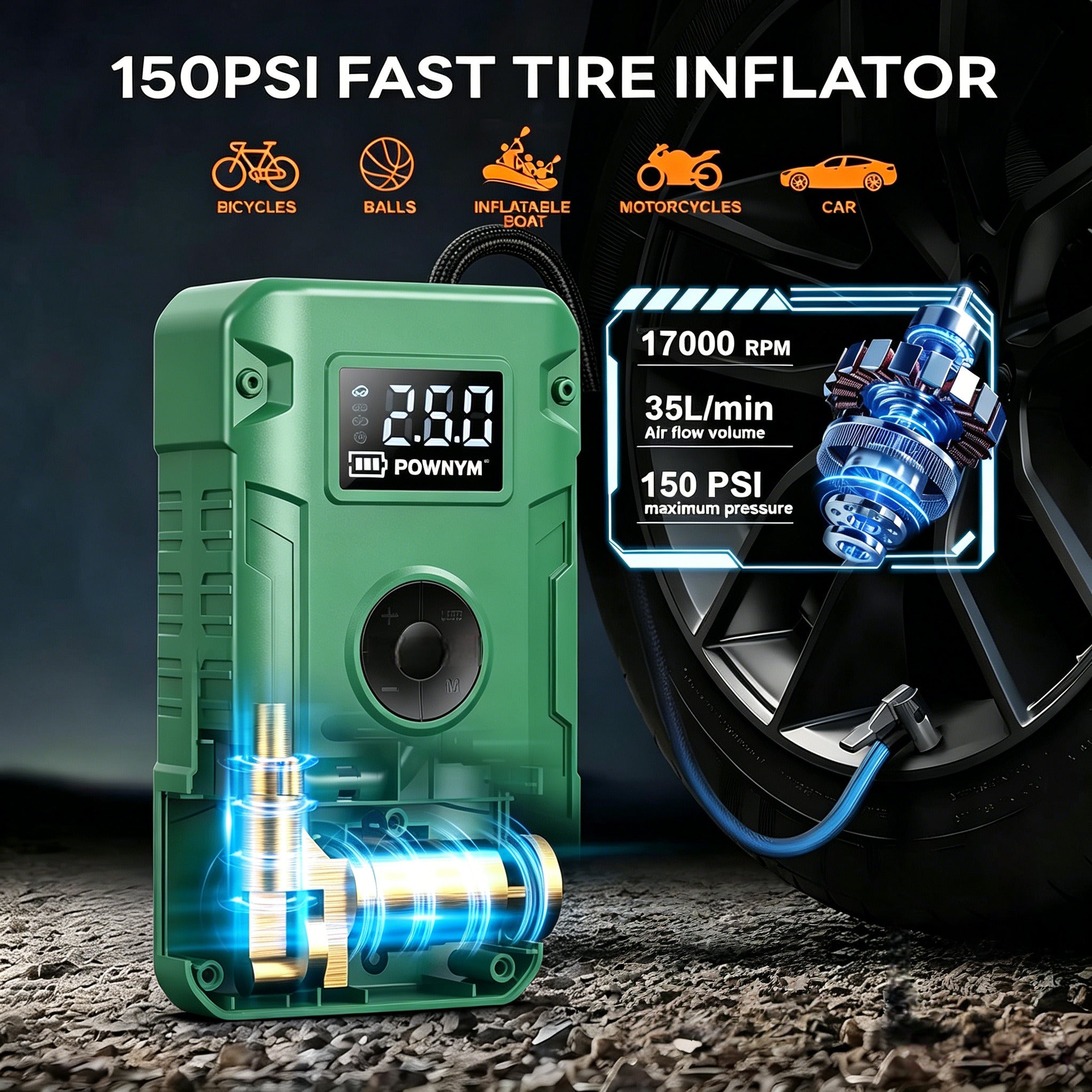 POWNYM G963  Air Portable Jump Starter with Air Compressor 150 PSI & 4000A Car Battery &12V Battery Charger Booster (6.0 Gas/3.0L Diesel)