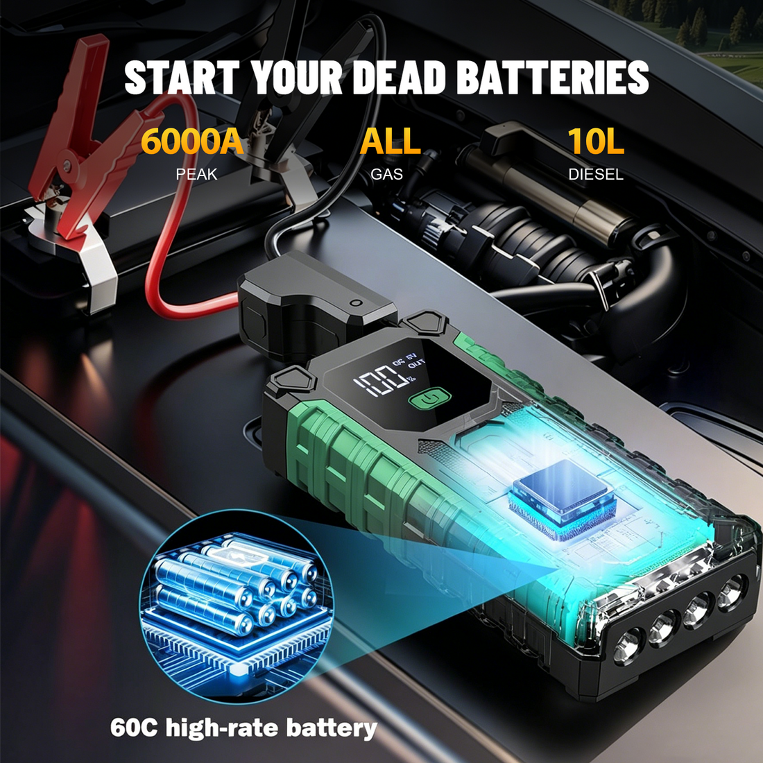 POWNYM G987 Car Battery Jump Starter with 6000A Battery Pack for Up to 6.0L Gas & 3.0L Diesel Engines, 3 Modes Flashlight and Jumper Cable, 12V