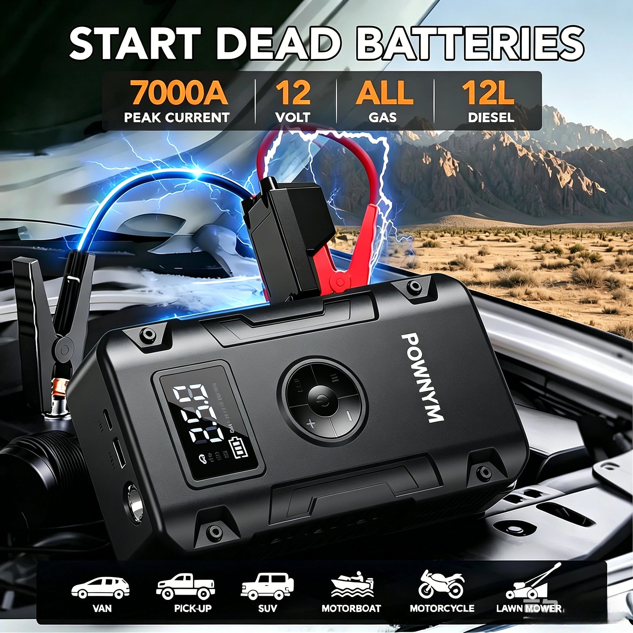 POWNYM G963  Air Portable Jump Starter with Air Compressor 150 PSI & 4000A Car Battery &12V Battery Charger Booster (6.0 Gas/3.0L Diesel)