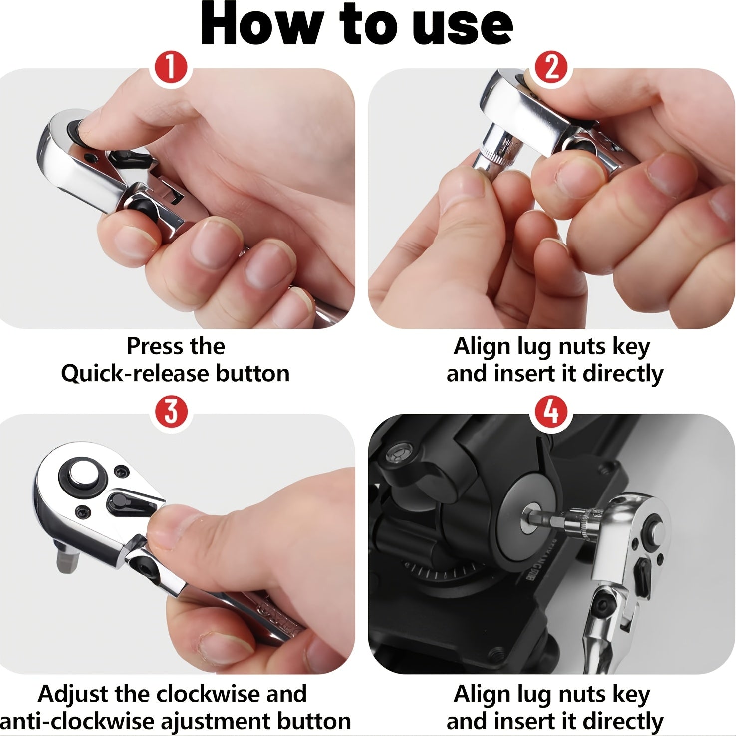 POWNYM Adjustable head ratchet wrench set, 72 teeth 1/4, 3/8, 1/2 inch drive ratchet wrench, with 180 ° rotation function and quick release design