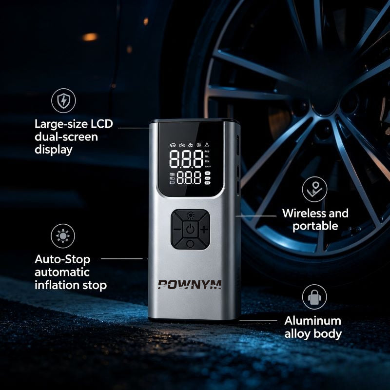 POWNYM A4 Heavy-Duty Wireless Tire Air Compressor with Accurate Built-in Tire Pressure Gauge