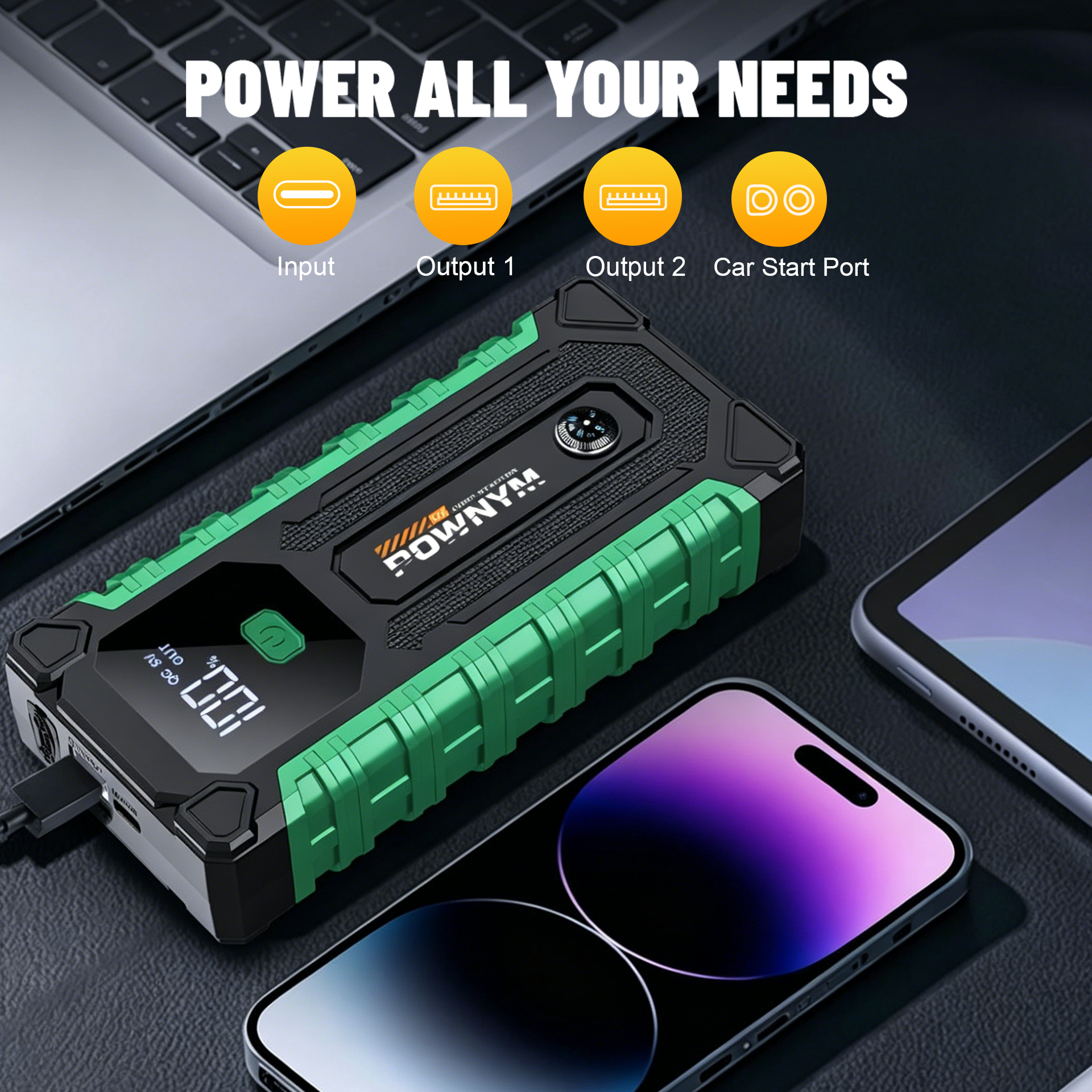 POWNYM G987 Car Battery Jump Starter with 6000A Battery Pack for Up to 6.0L Gas & 3.0L Diesel Engines, 3 Modes Flashlight and Jumper Cable, 12V