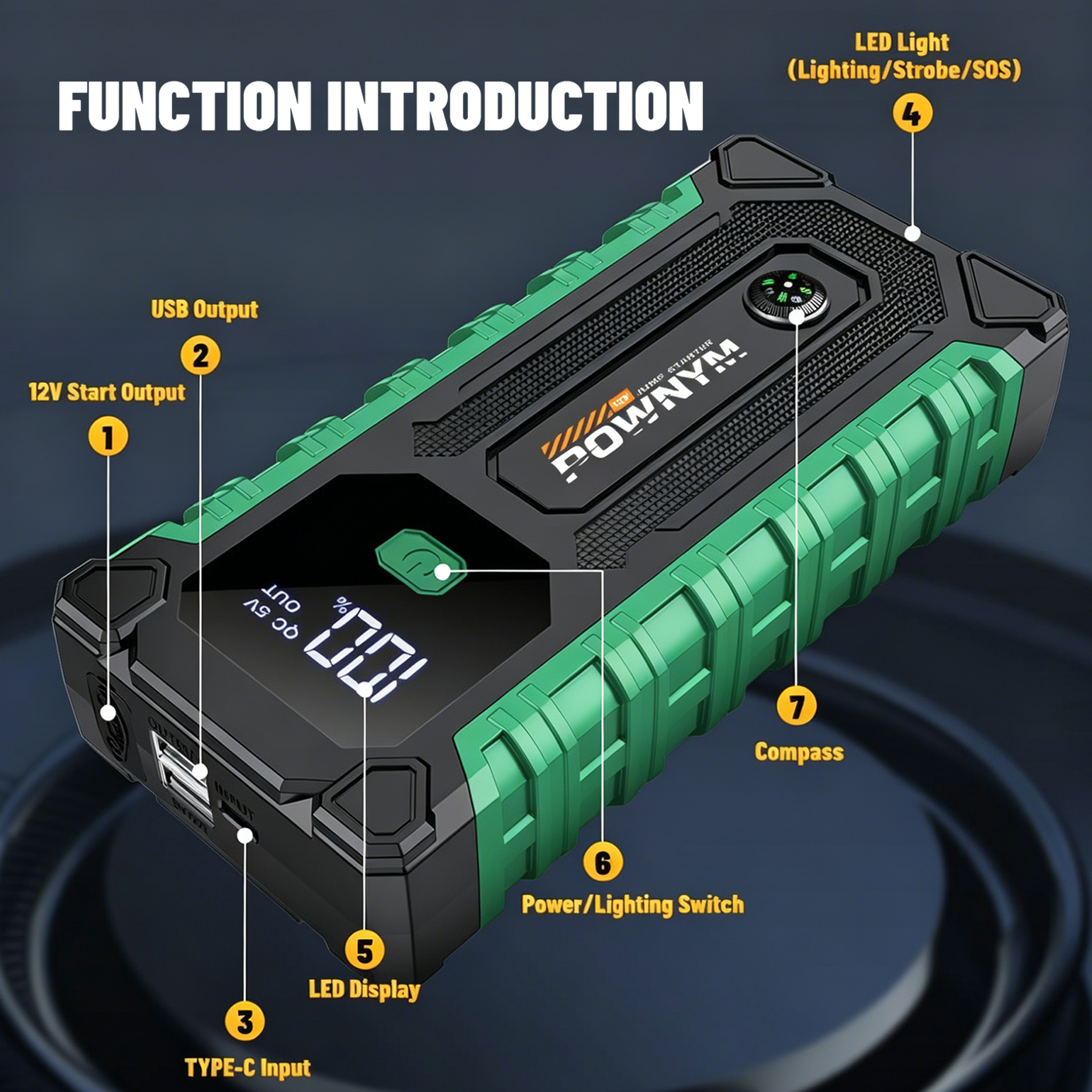 POWNYM G987 Car Battery Jump Starter with 6000A Battery Pack for Up to 6.0L Gas & 3.0L Diesel Engines, 3 Modes Flashlight and Jumper Cable, 12V