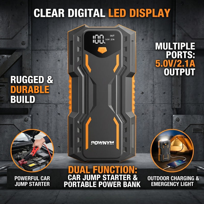 POWNYM DN31 Compact Auto Jump Starter 9200A Power Pack for 7.2L Gas & 3.5L Diesel, 3 Bright Light Modes & Premium Jumper Clamps, 12V