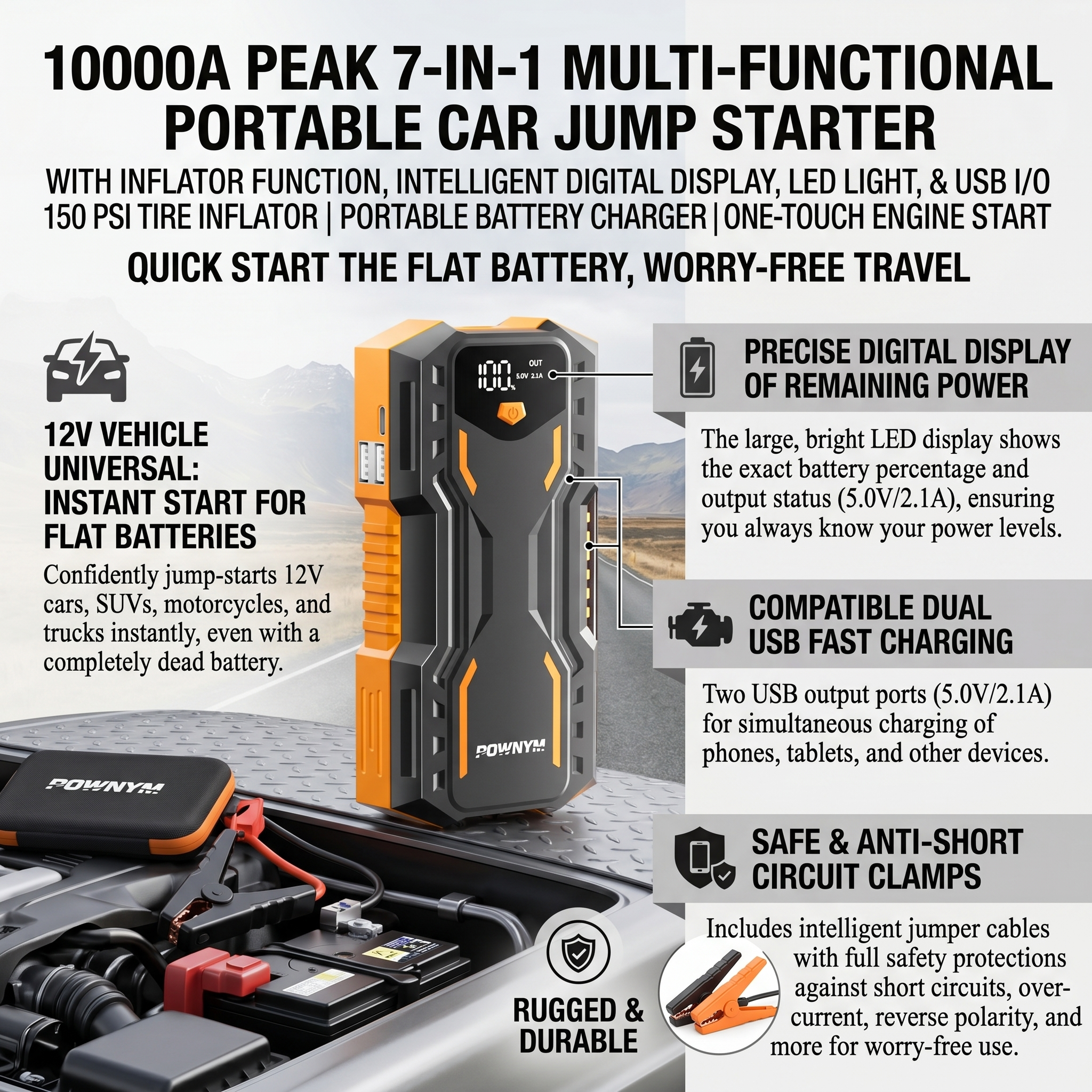 POWNYM DN31 Compact Auto Jump Starter 9200A Power Pack for 7.2L Gas & 3.5L Diesel, 3 Bright Light Modes & Premium Jumper Clamps, 12V