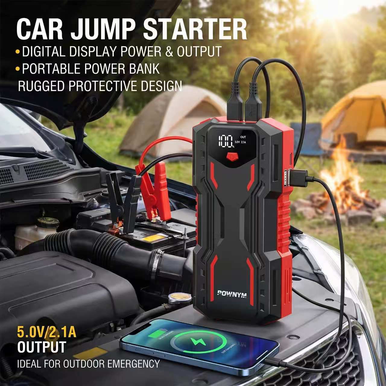 POWNYM DN31 Heavy Duty Car Jump Starter 10000A Power Pack for 7.5L Gas & 3.8L Diesel, 4 Modes LED Light & Jumper Clamps, 12V Auto Booster