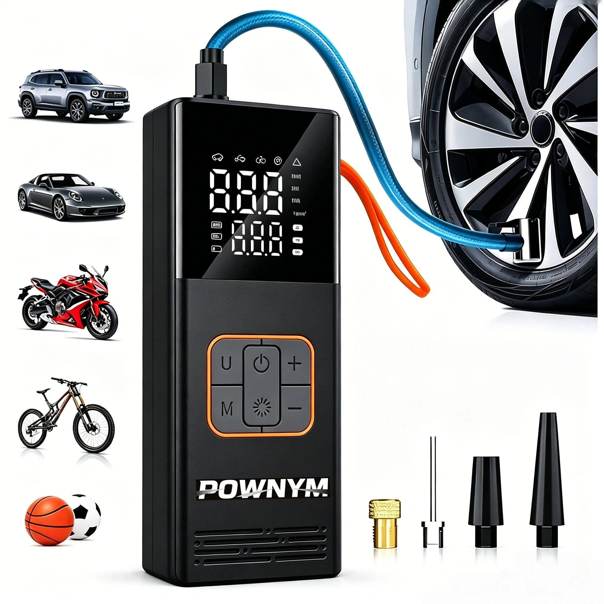 POWNYM A10 Wireless Tire Inflator, Built-in Digital Pressure Gauge Portable Electric Air Compressor for Car Bike SUV