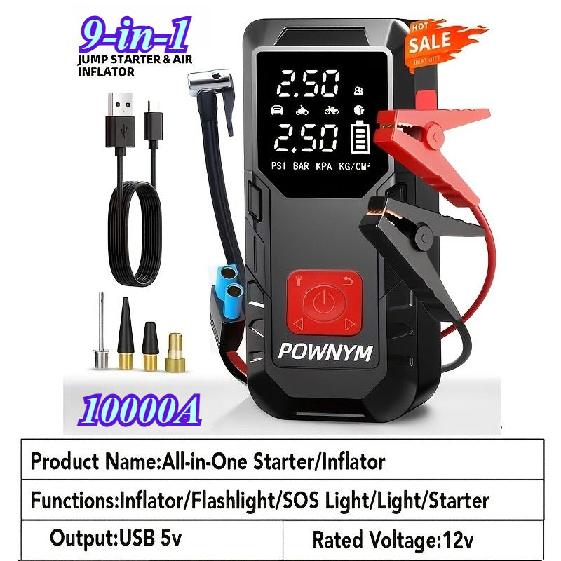 POWNYM QB08X  Roadside Emergency Jump Starter with Air Compressor 150PSI & 9000A 12V Battery Booster (6.8 Gas/3.4L Diesel)