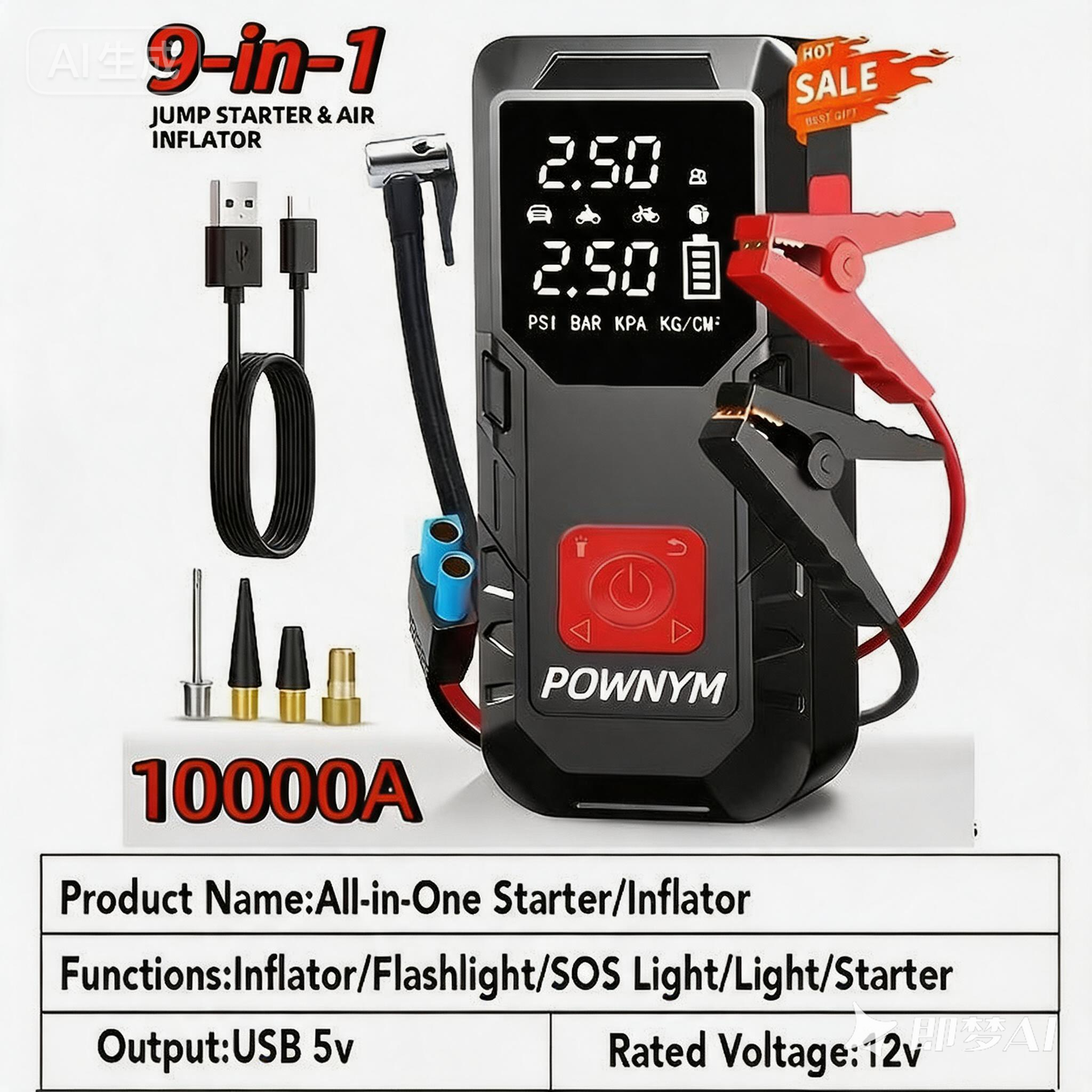 POWNYM QB08X  Roadside Emergency Jump Starter with Air Compressor 150PSI & 9000A 12V Battery Booster (6.8 Gas/3.4L Diesel)